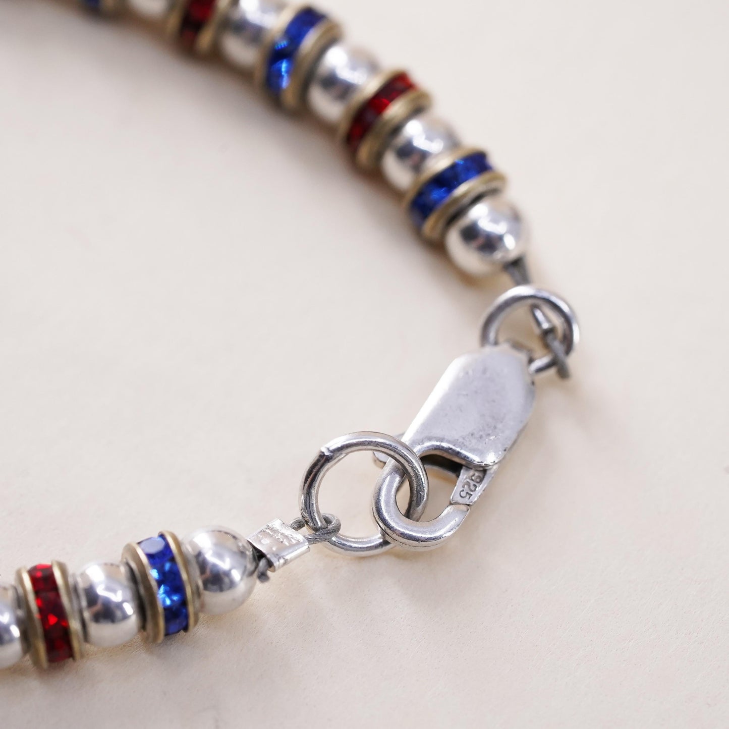 7", vintage Sterling 925 Silver and crystal beads bracelet name Rattlers cubes