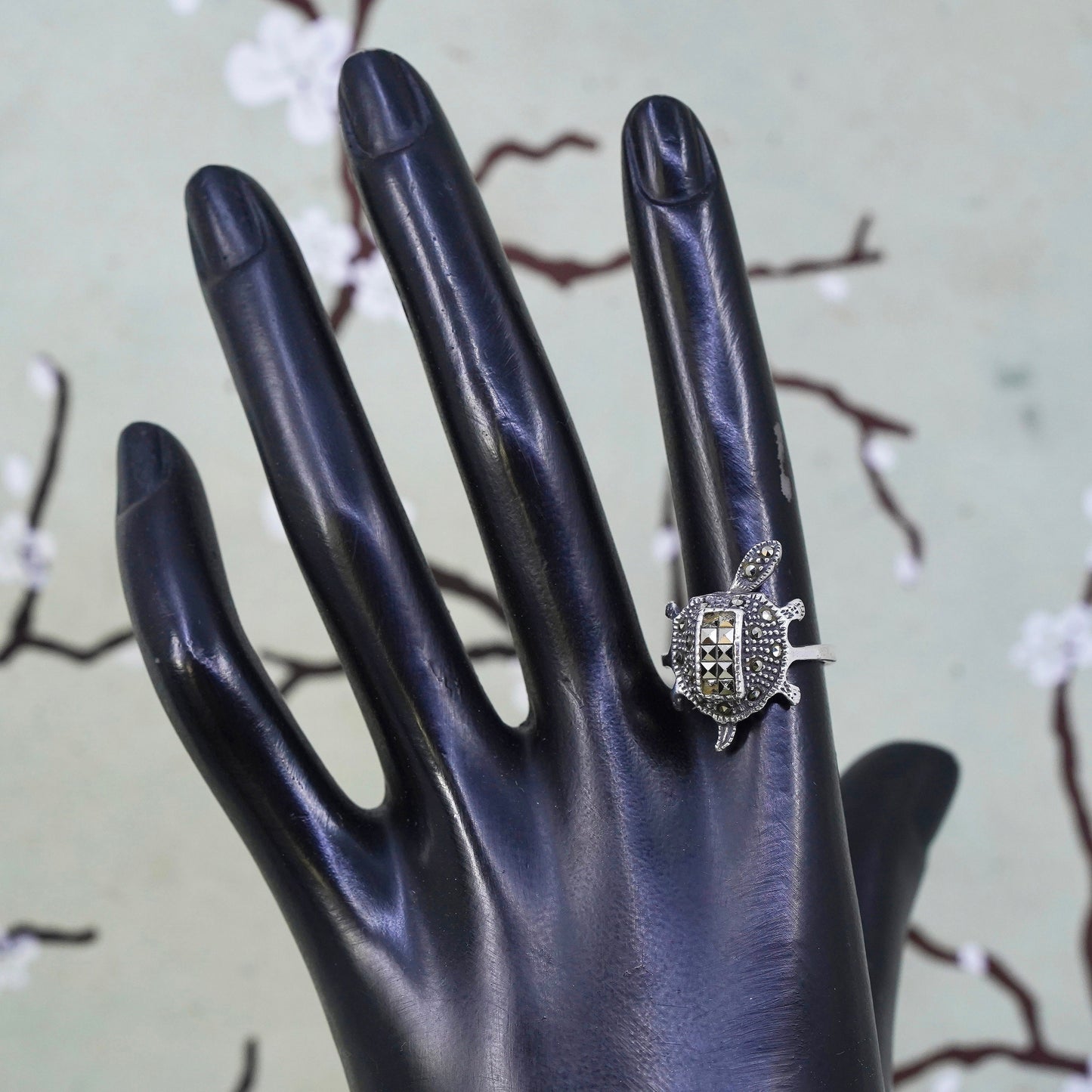 Size 7, sterling silver handmade ring, 925 turtle with movable head marcasite