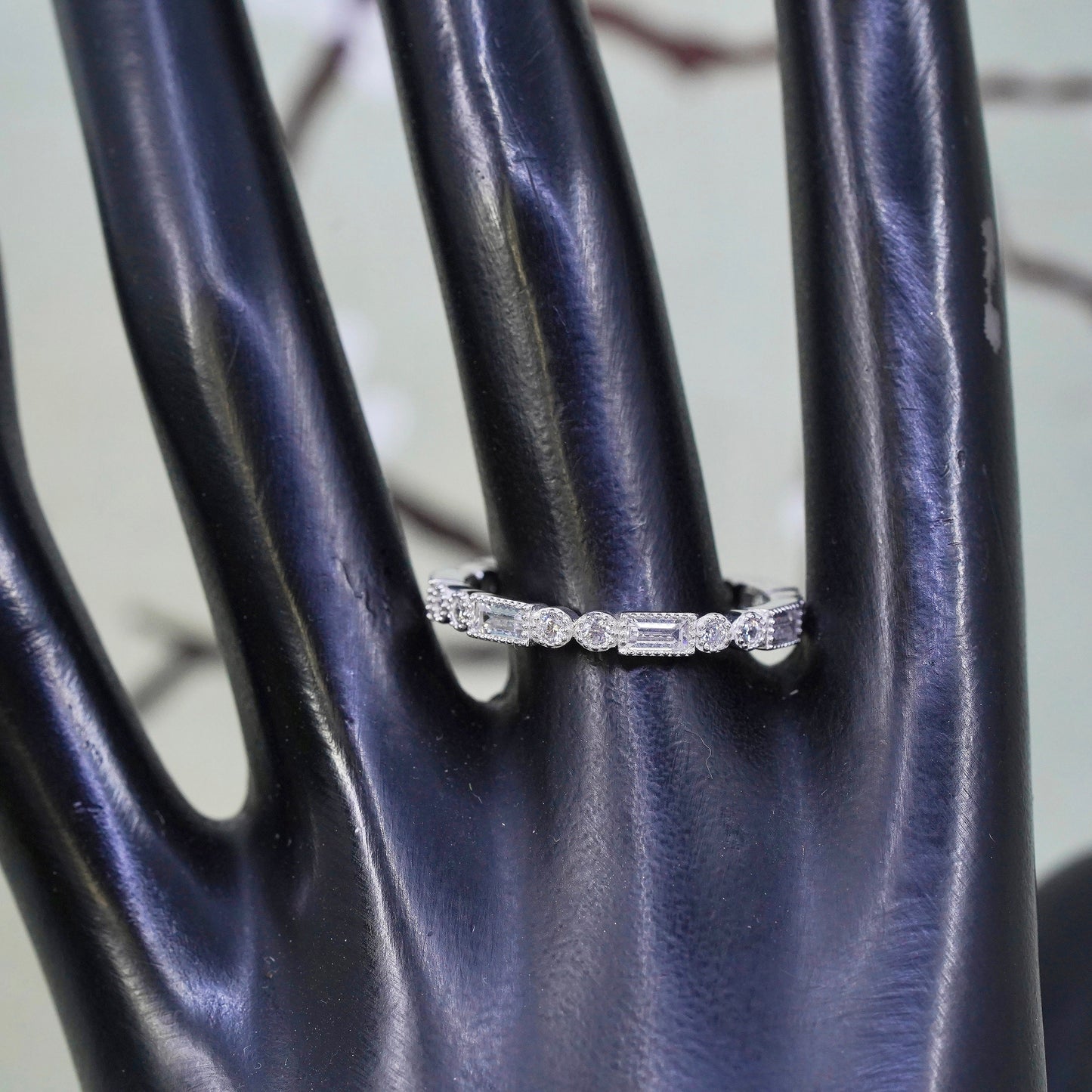 Size 10, Vietnam sterling 925 silver ring with cluster CZ, stackable band