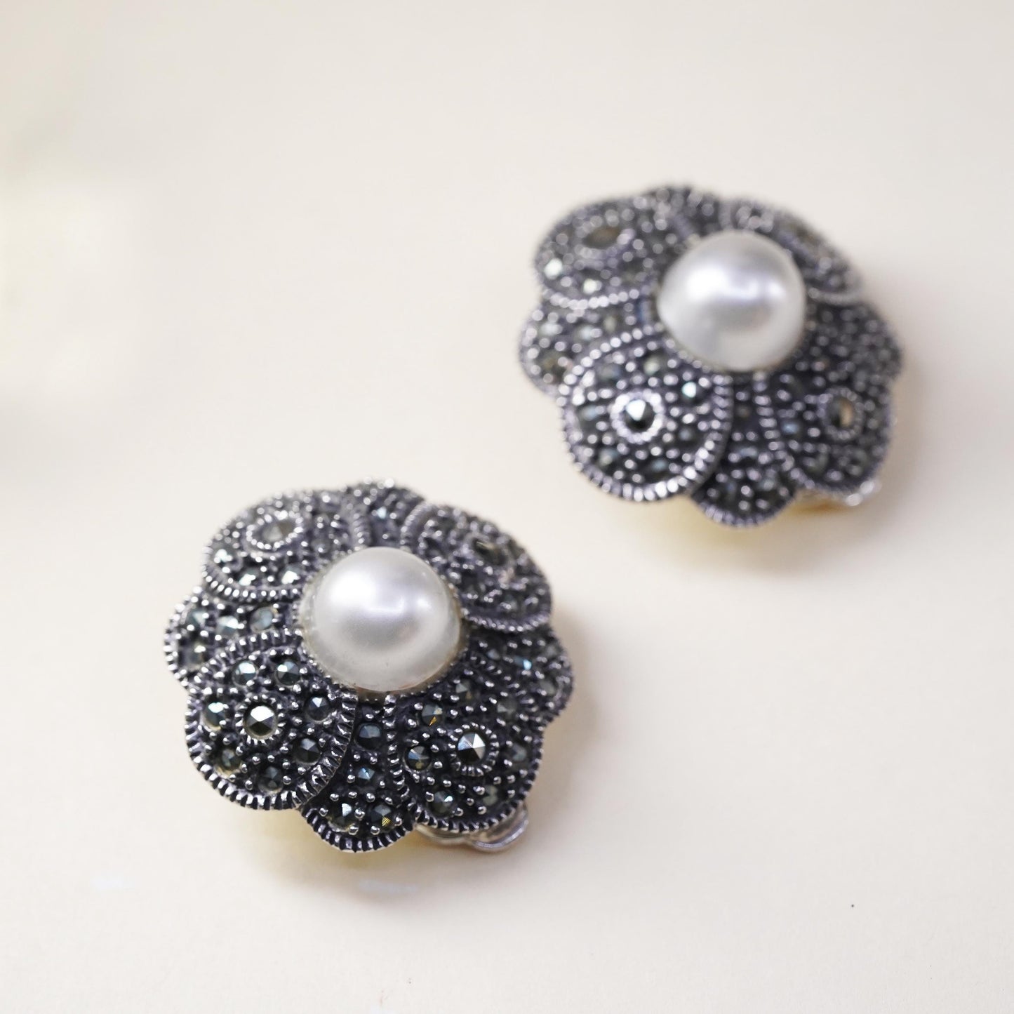 Sterling 925 silver filigree clip on earrings with pearl and cluster marcasite