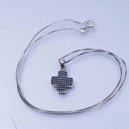 18”, Vintage Sterling silver necklace, box chain with 925 beaded cross pendant
