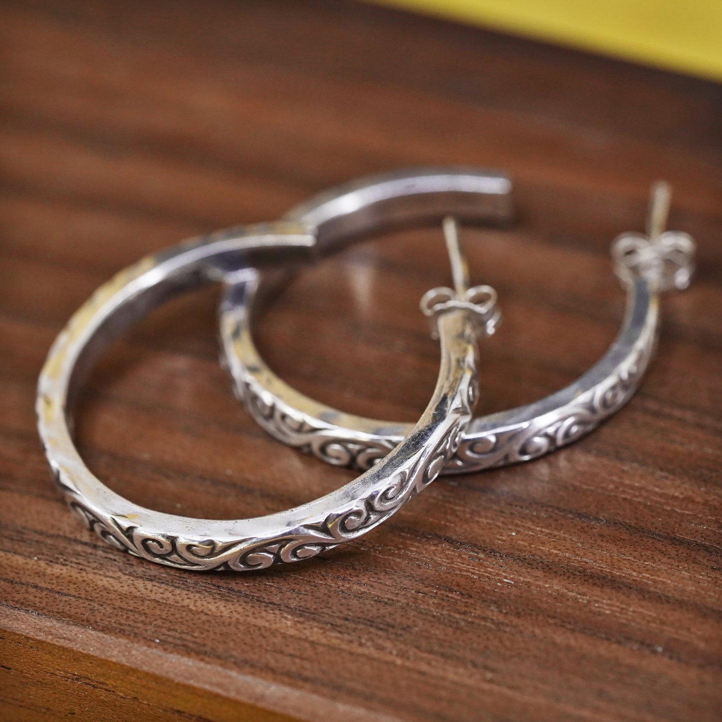 1.25", vintage Sterling silver handmade earrings, 925 textured hoops