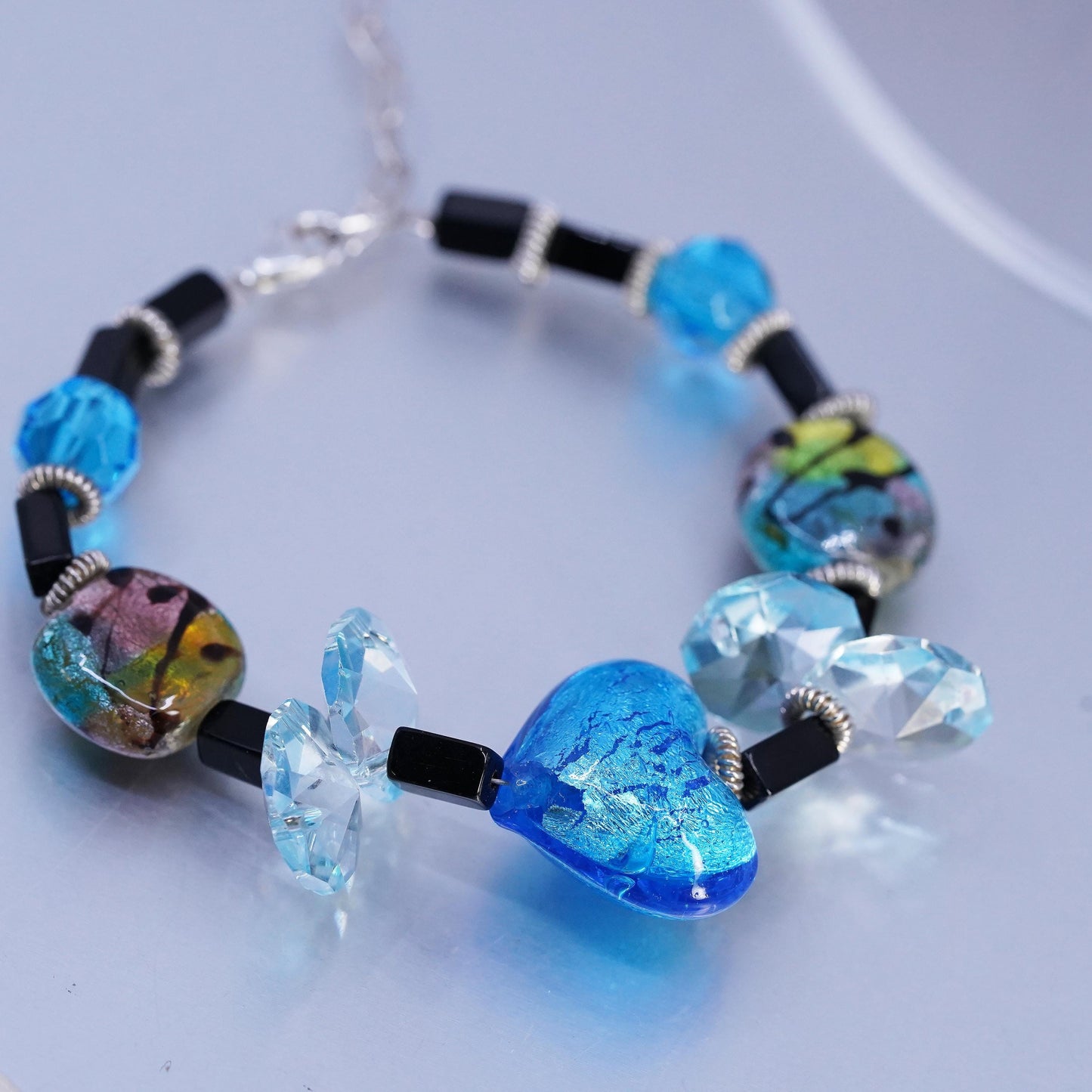 7.5+1", Sterling 925 silver Bracelet with Blue Foiled Glass heart onyx cubes