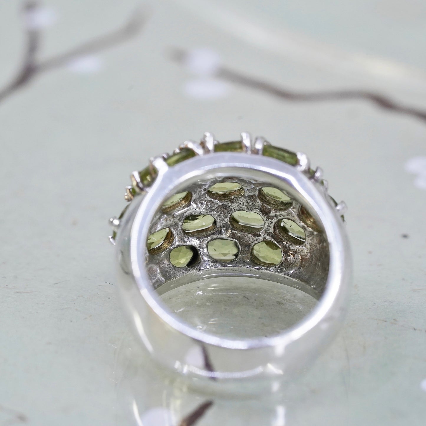 Size 7, vintage Sterling silver handmade ring, 925 band with cluster peridot