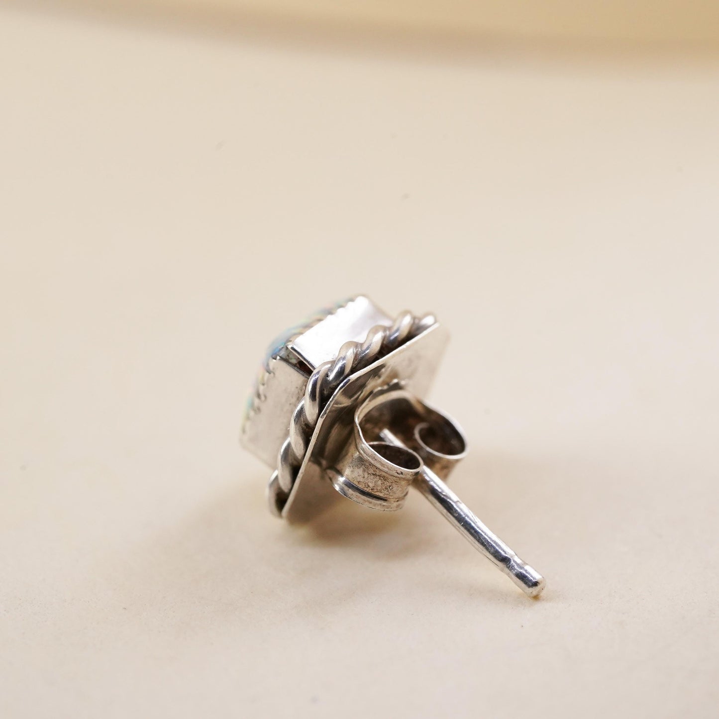 Vintage handmade single earring. Sterling 925 silver square stud with opal
