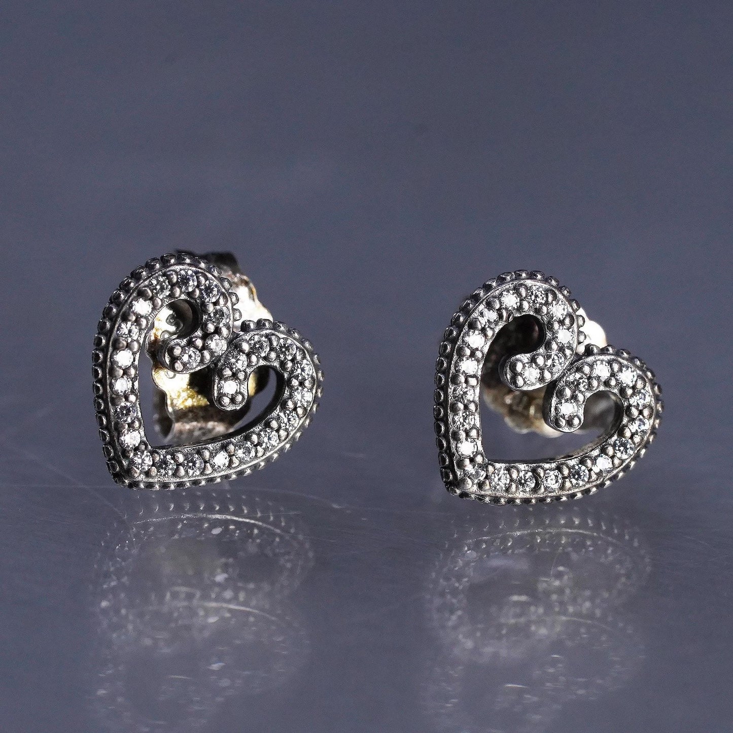 VTG Pandora ALE Sterling silver handmade earrings, 925 heart studs cluster cz