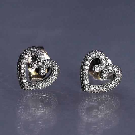 VTG Pandora ALE Sterling silver handmade earrings, 925 heart studs cluster cz