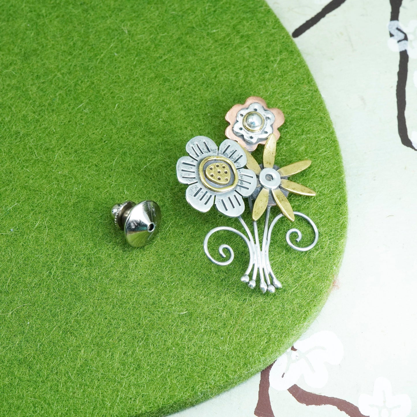 triple tone Sterling silver handmade brooch, 925 flower pin with brass brass
