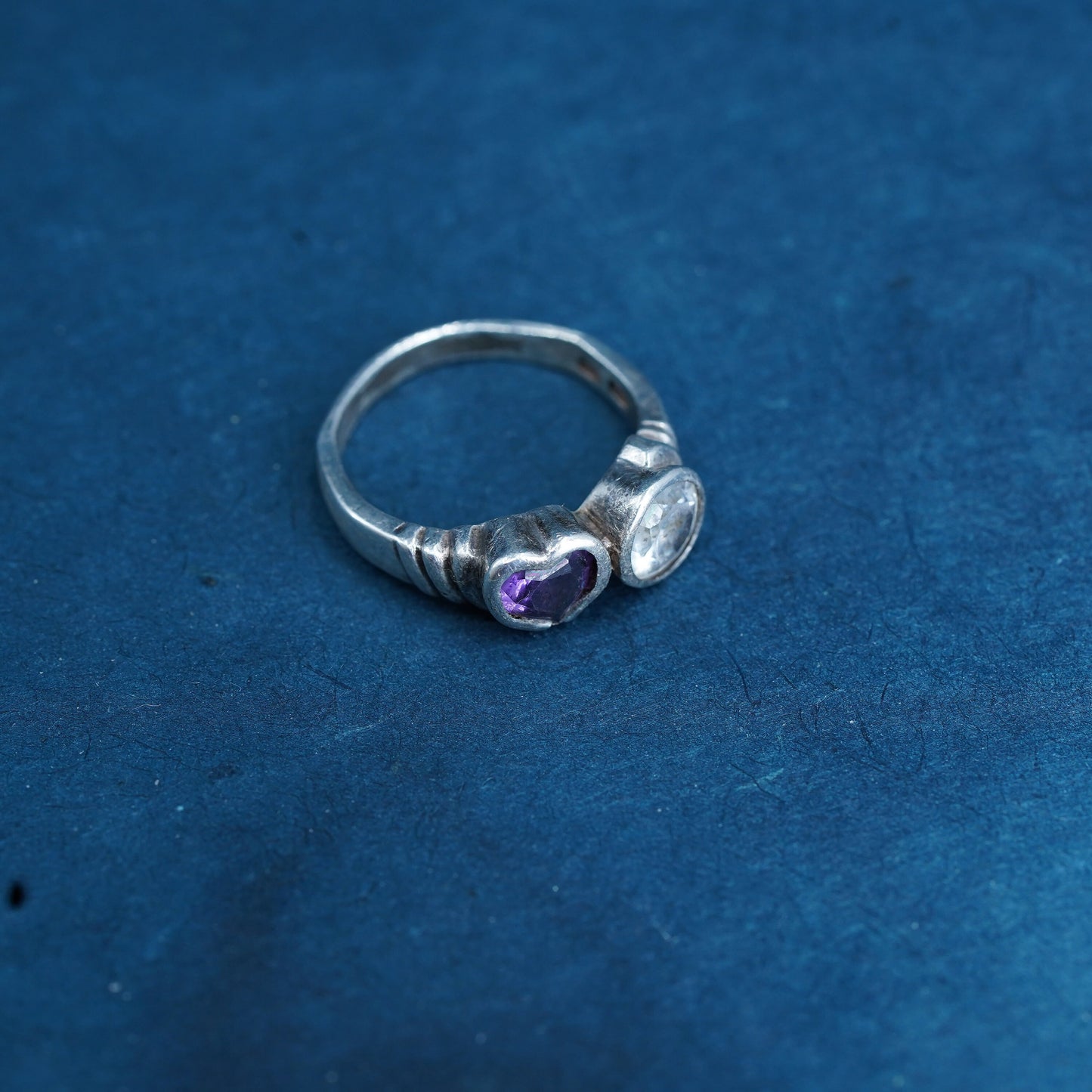 Size 6, Vintage Sterling silver handmade ring, 925 band with heart amethyst Cz