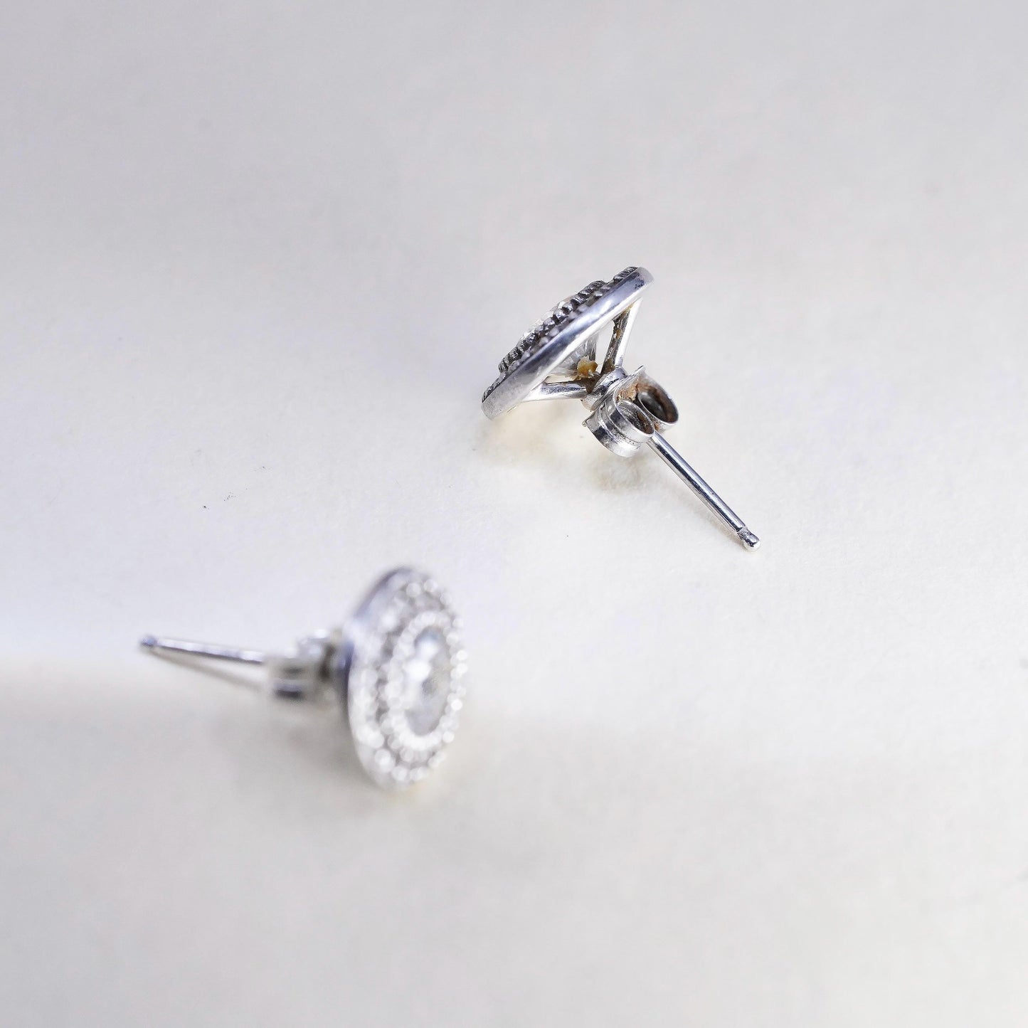 Vintage sterling silver earrings, 925 studs with cluster round cz