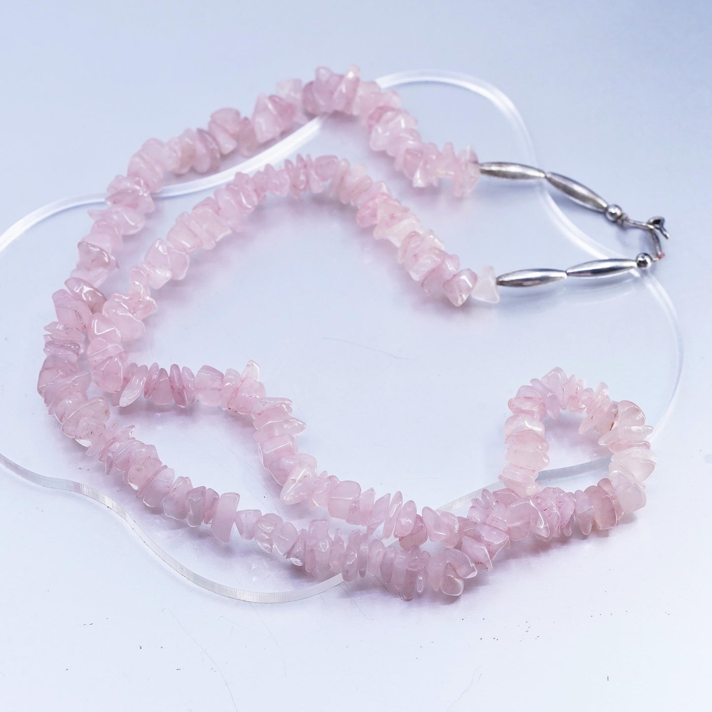 26" Vintage Sterling 925 silver necklace, Pink Quartz With Silver beads Detail