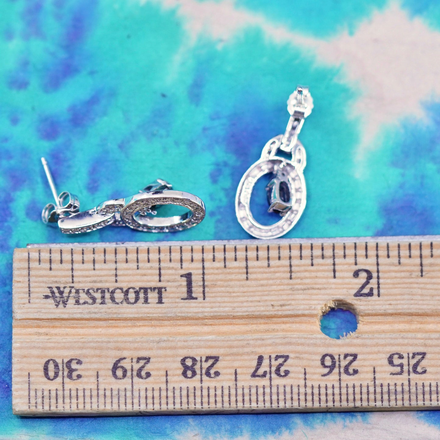 Vintage Sterling silver earrings, 925 oval drops with sapphire and diamond