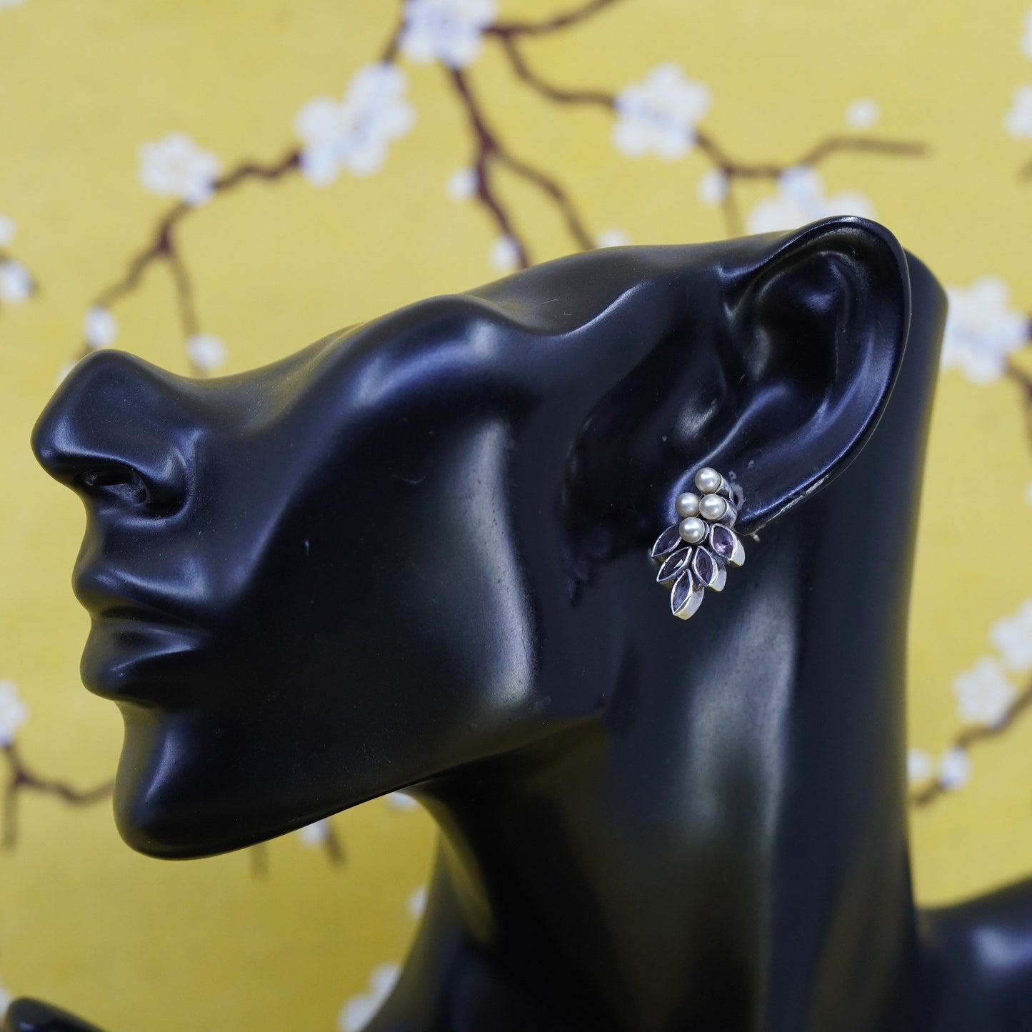 Vintage Sterling 925 silver amethyst studs, earrings with pearls