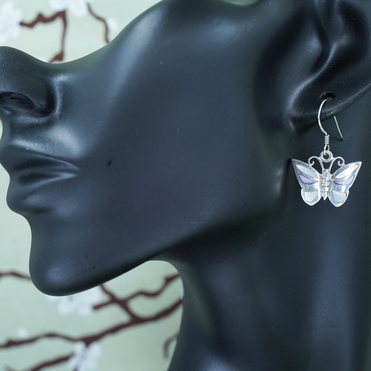 sterling silver handmade earrings, 925 butterfly with mother of pearl inlay