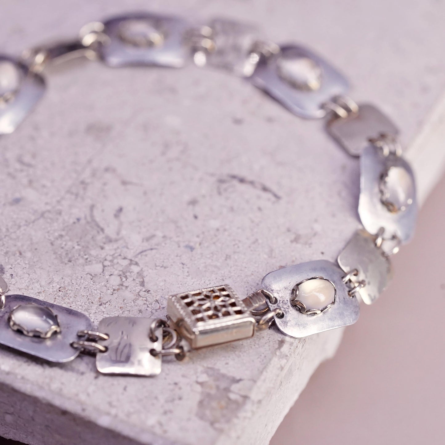 6.75", two tone sterling silver bracelet, with 14K gold filled discs cats eye