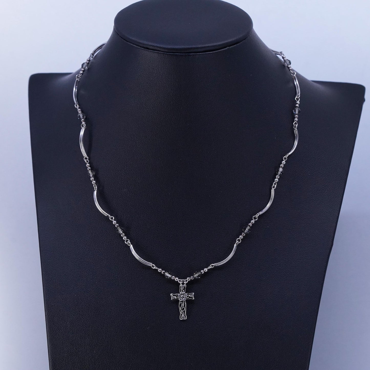 16”, vintage Sterling 925 silver curvy bar necklace with filigree cross pendant
