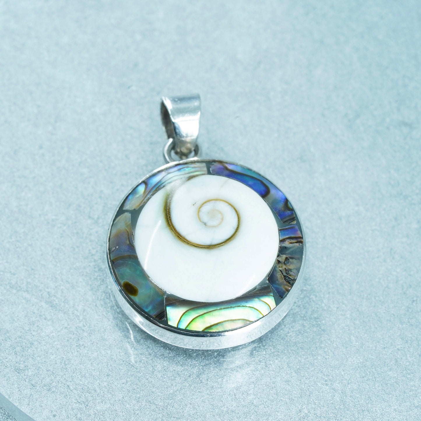 Sterling 925 Silver Shiva eye pendant abalone inlay | fossil shell jewelry