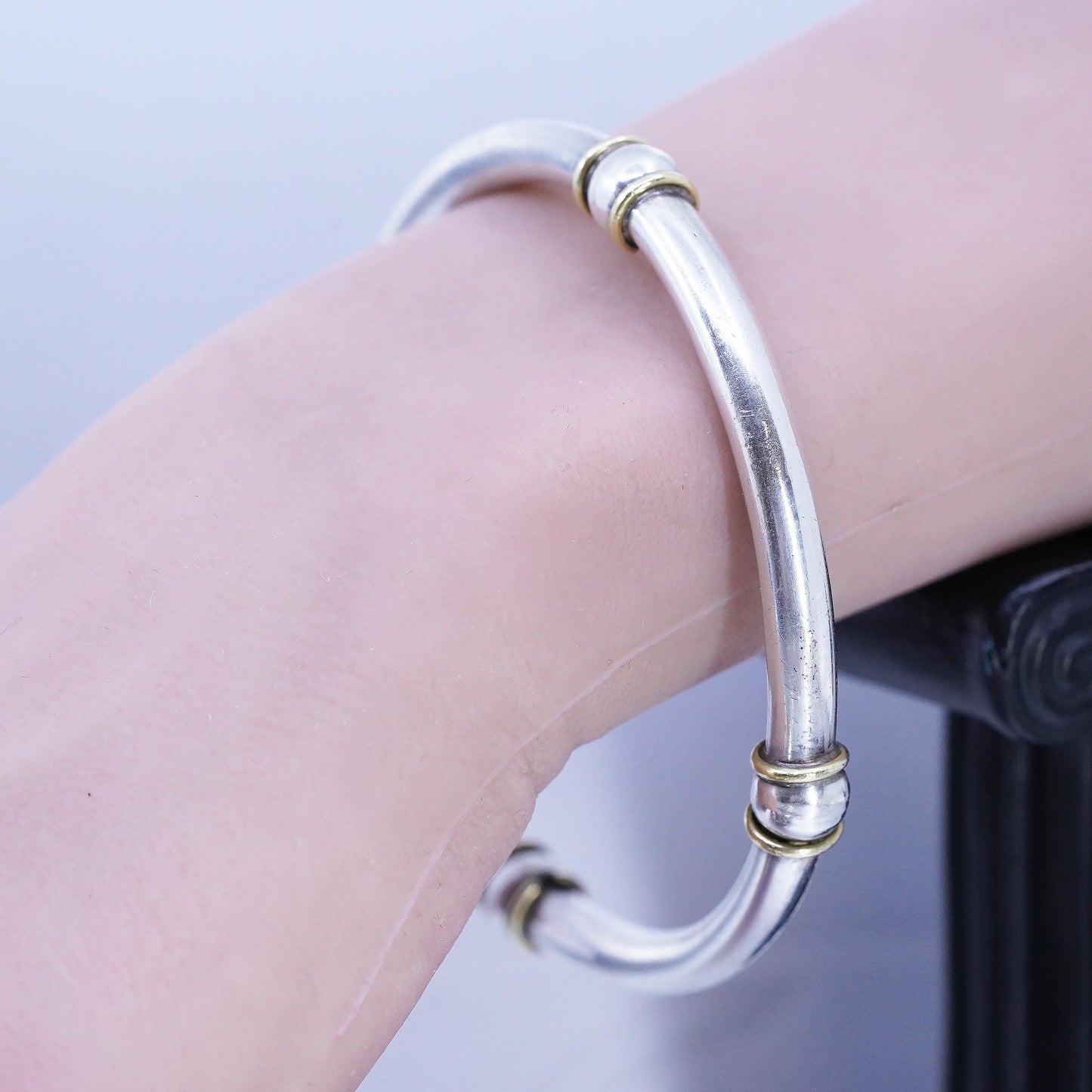 8", Mexican 925 Sterling Silver Bangle, Brass Bead Cuff, Taxco slide Bracelet