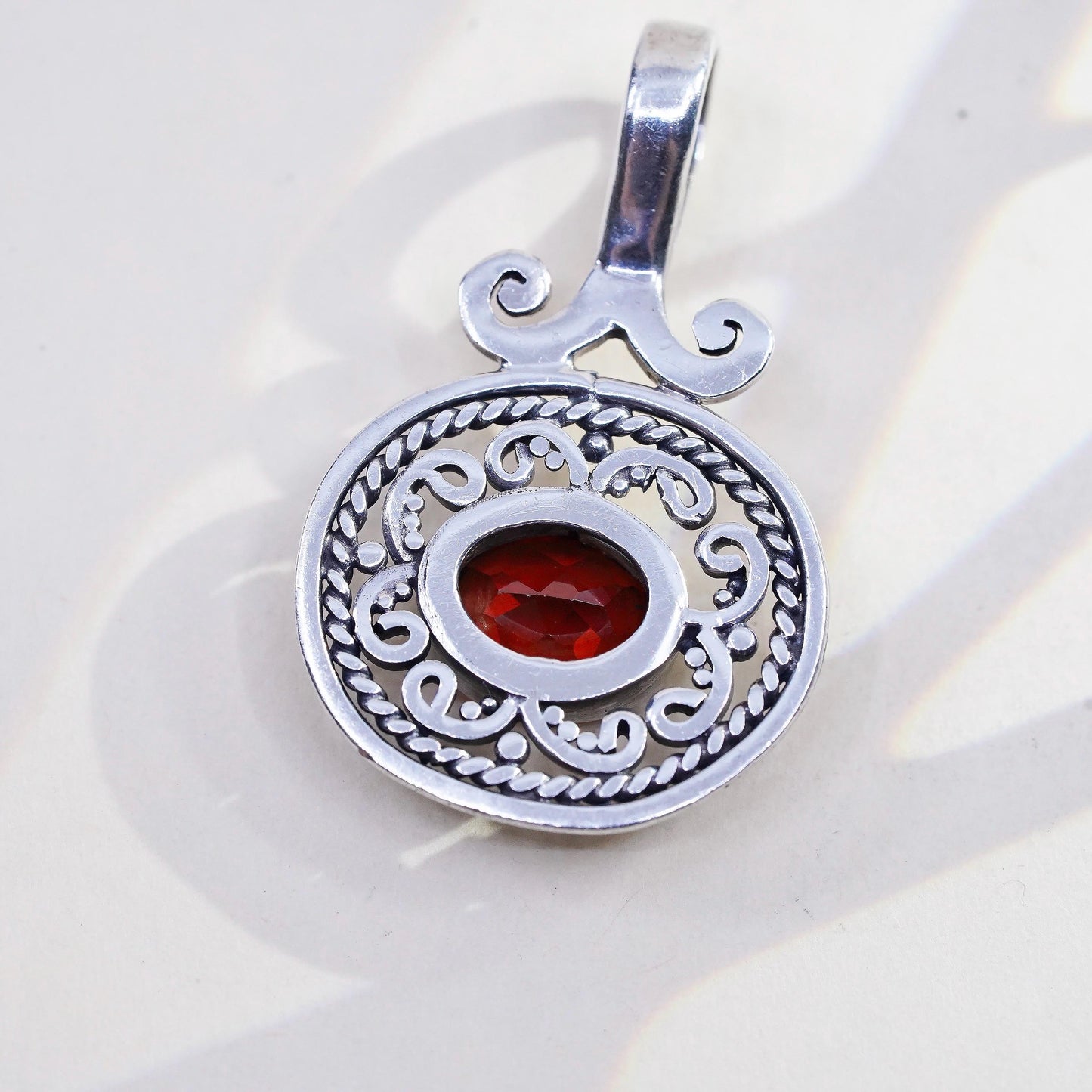 VTG 925 Sterling Silver Garnet Filigree Pendant, Red Garnet Scrollwork Charm