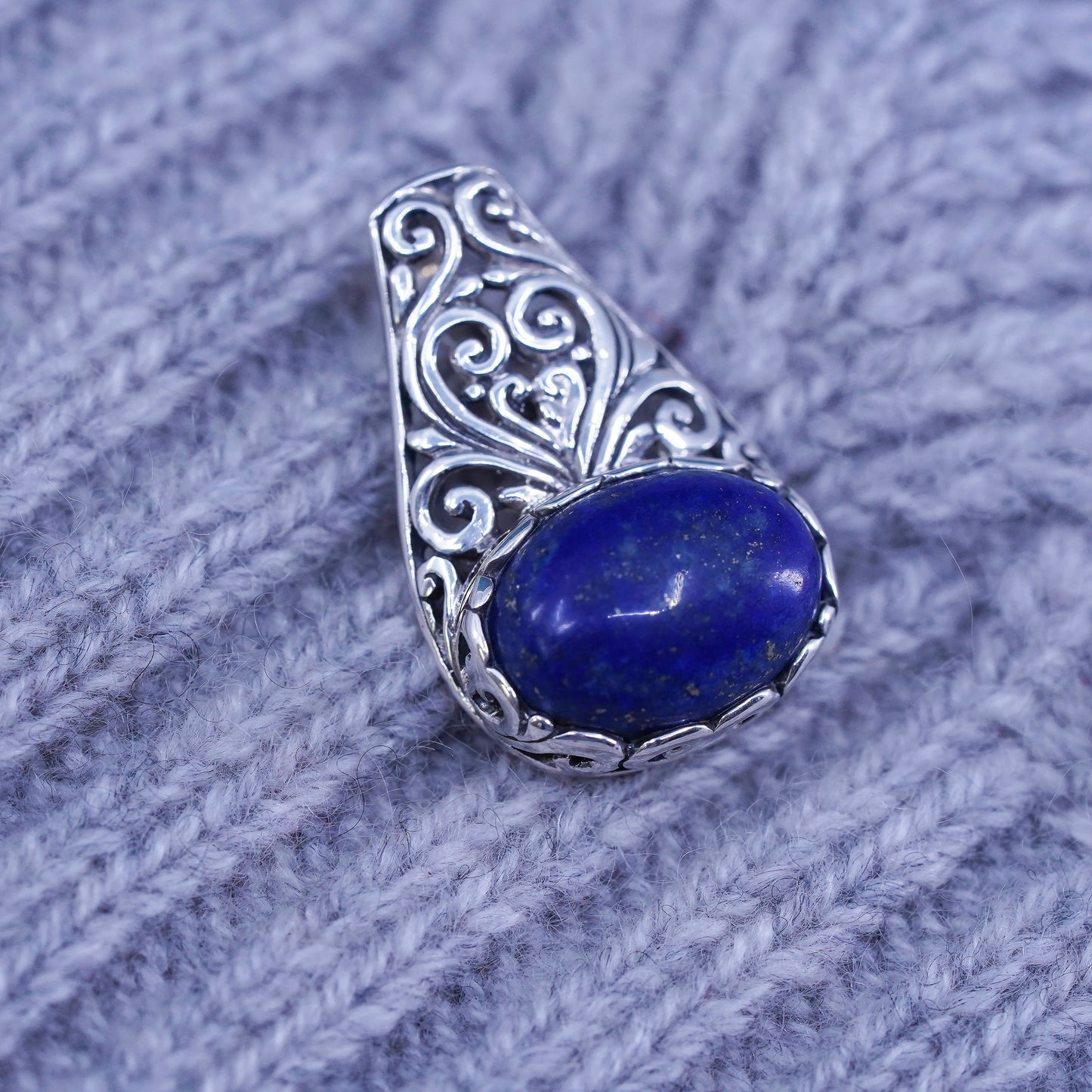 Vintage Sterling silver handmade pendant, 925 filigree teardrop w/ lapis lazuli