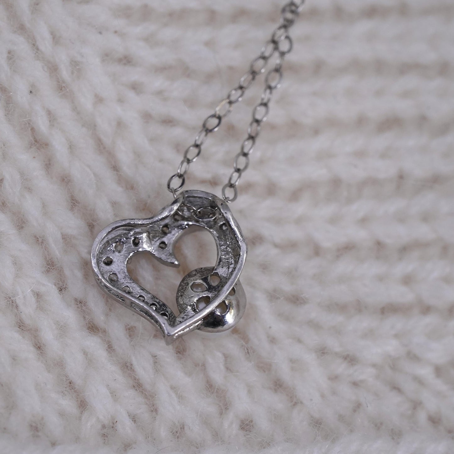 16+2", Vintage handmade Sterling silver flatten Circle link chain heart pearl