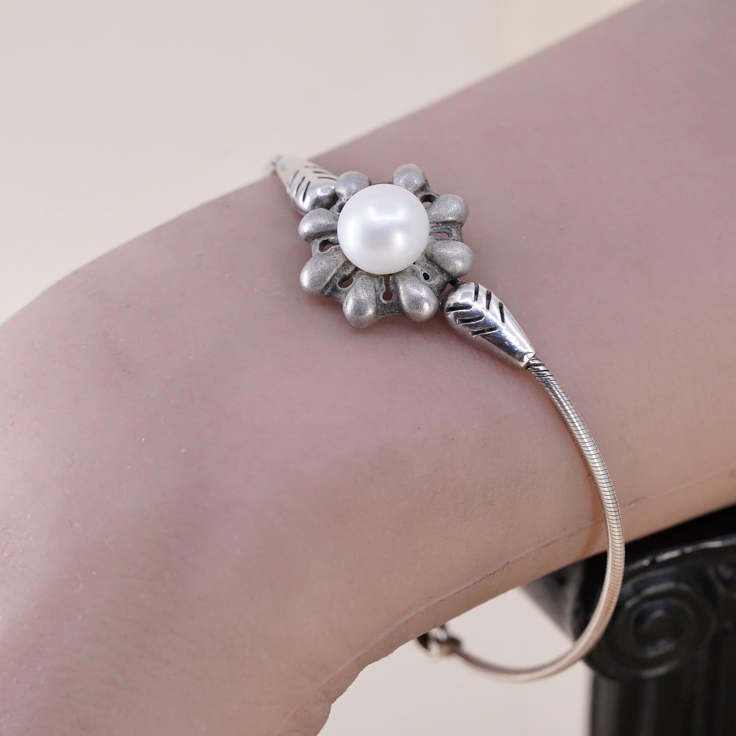 6.75”, Antigua Sterling silver bracelet, Mexican 925 snake chain pearl flower