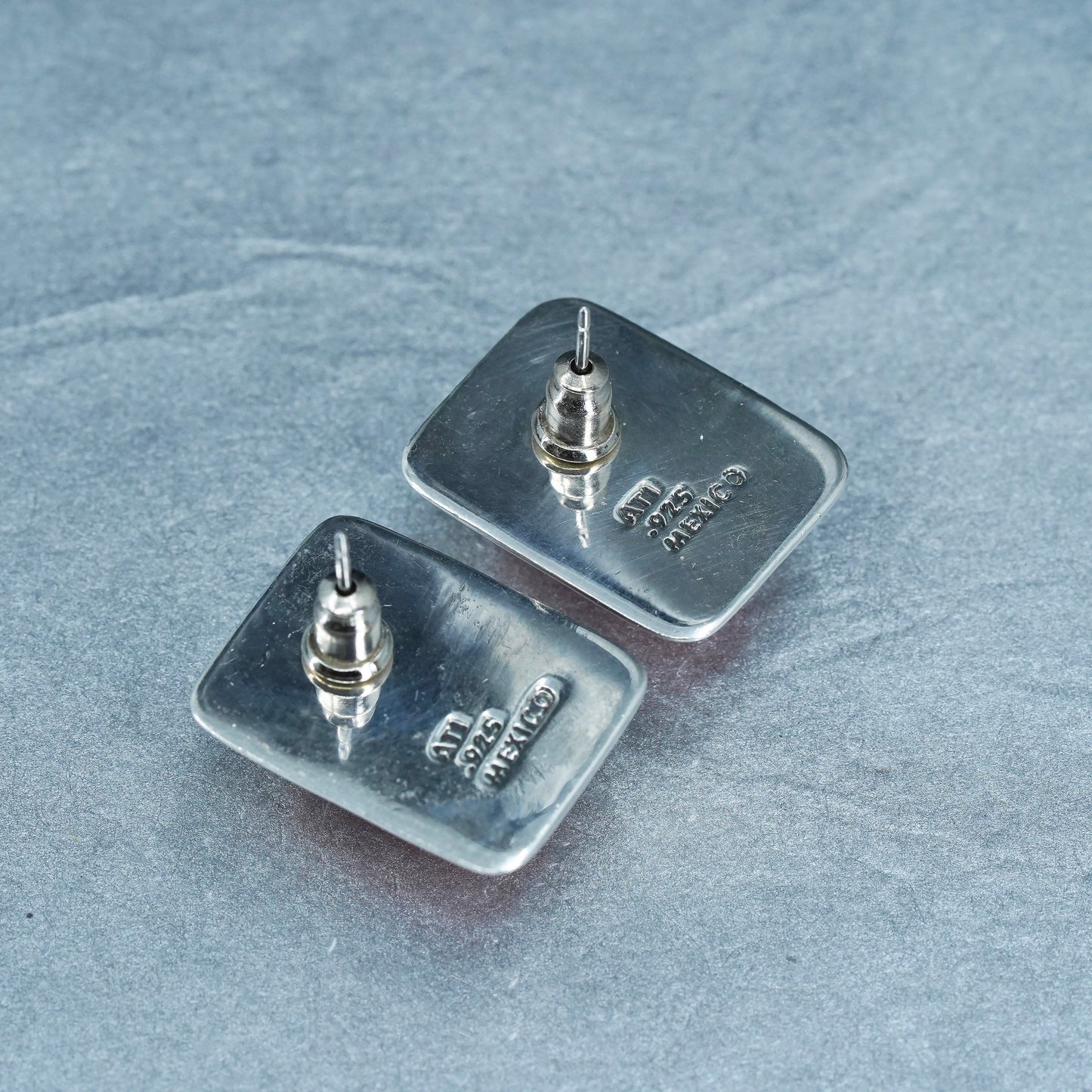 Vintage Mexican Sterling 925 silver earrings, rectangular studs with orange jasper