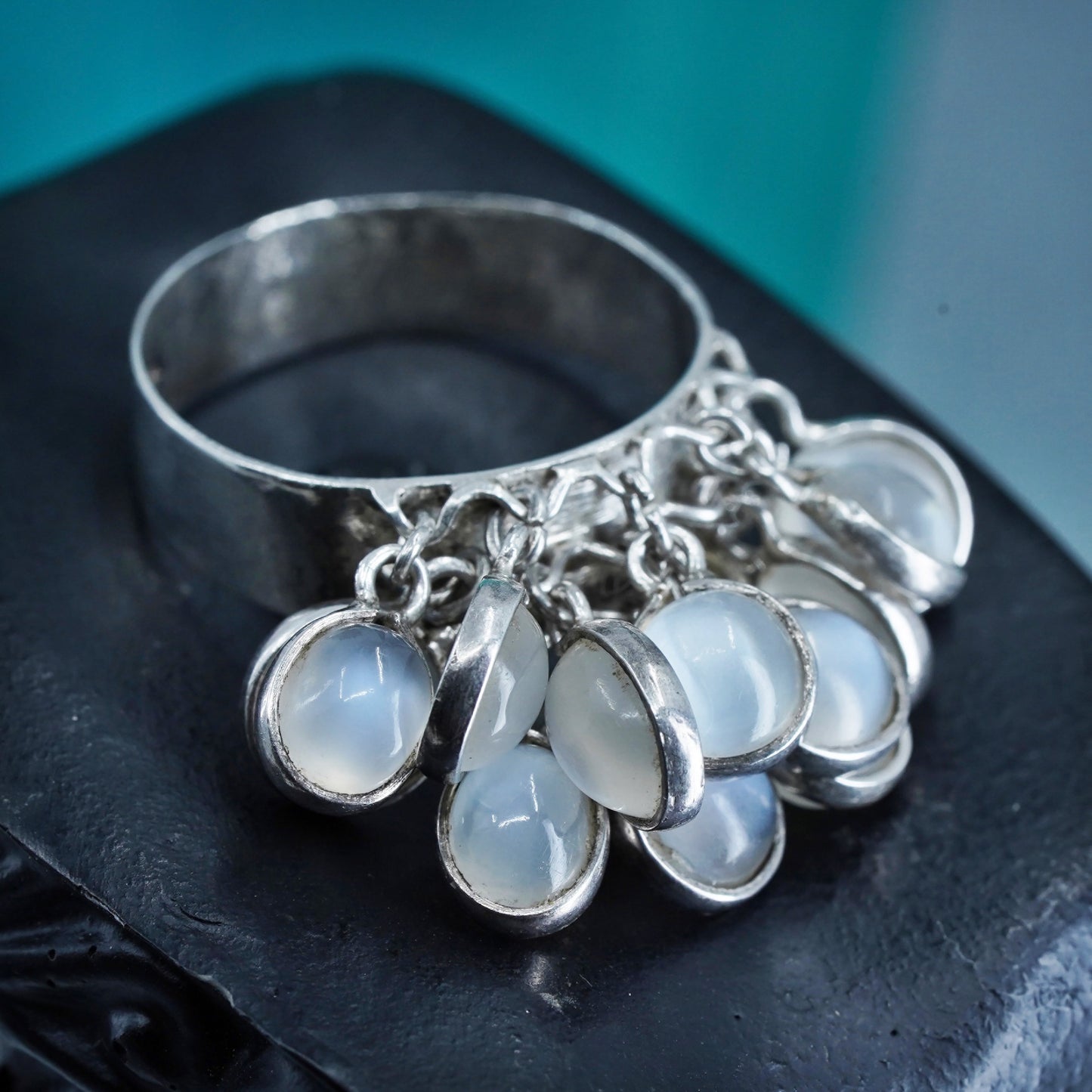 Size 9.75, vintage Sterling 925 silver handmade ring with cluster moonstone