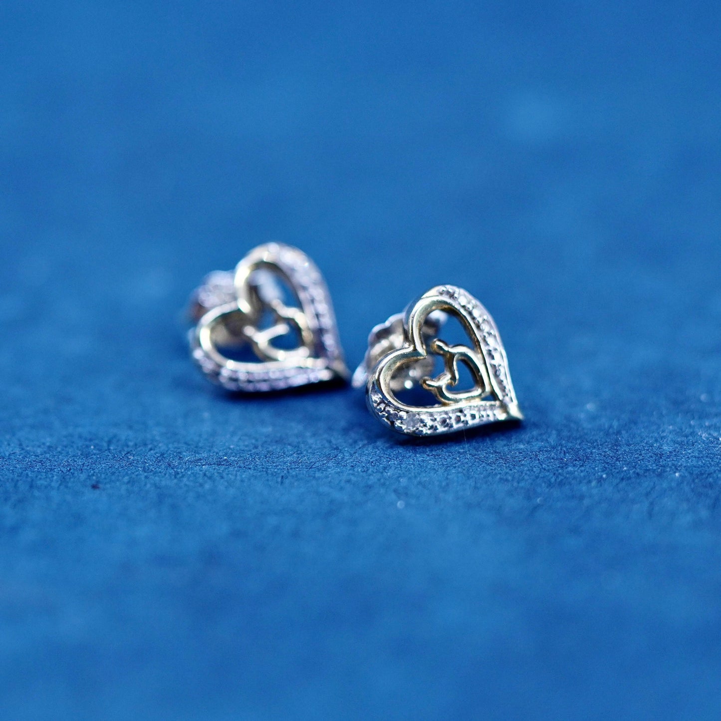 vermeil gold over Sterling silver earrings, 925 double heart studs diamond
