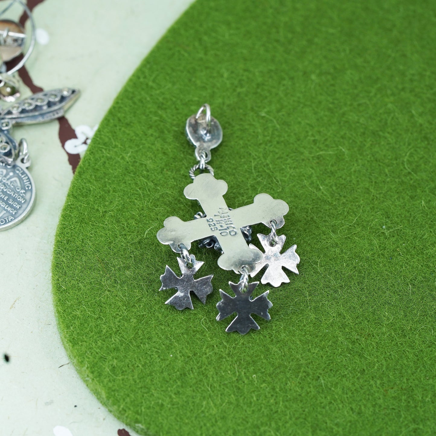 Taxco Mexico sterling Silver 925 Jerusalem cross Pendant floral dangles onyx
