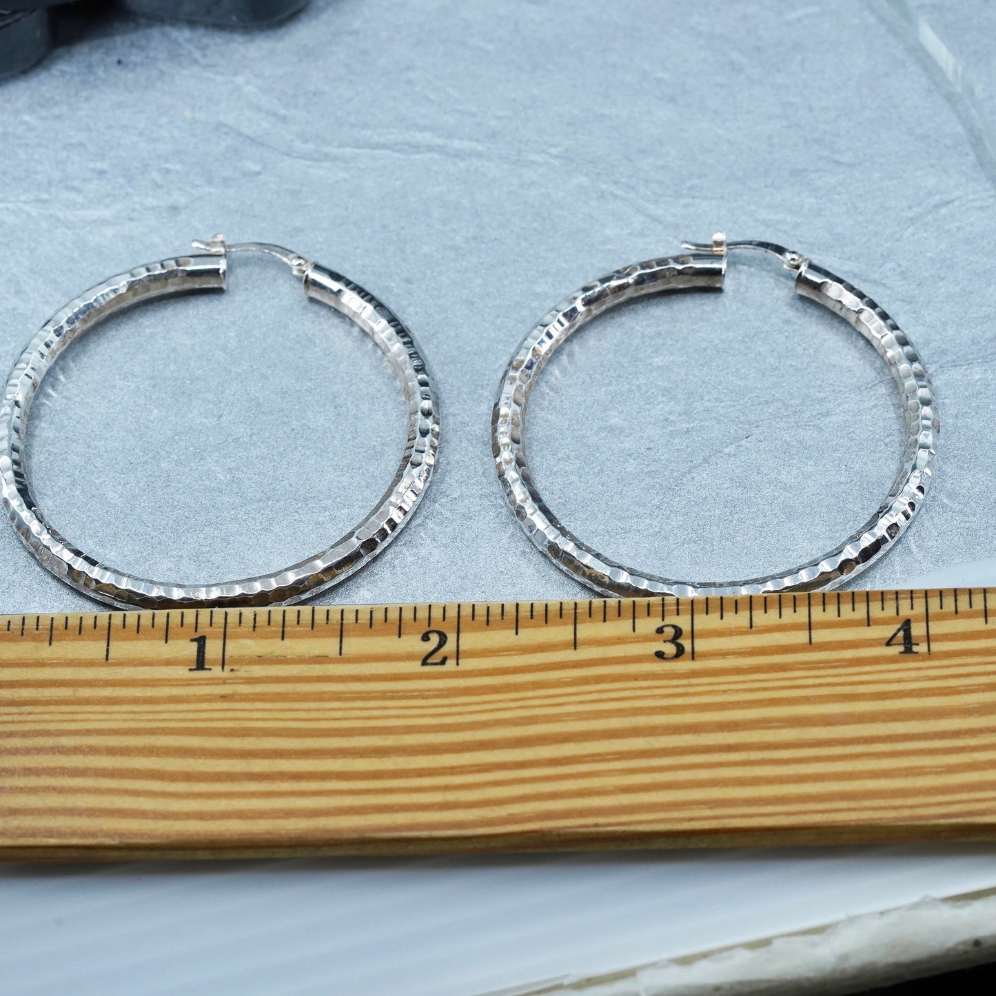 1.75”, vintage Sterling silver handmade earrings, huge 925 bold textured hoops