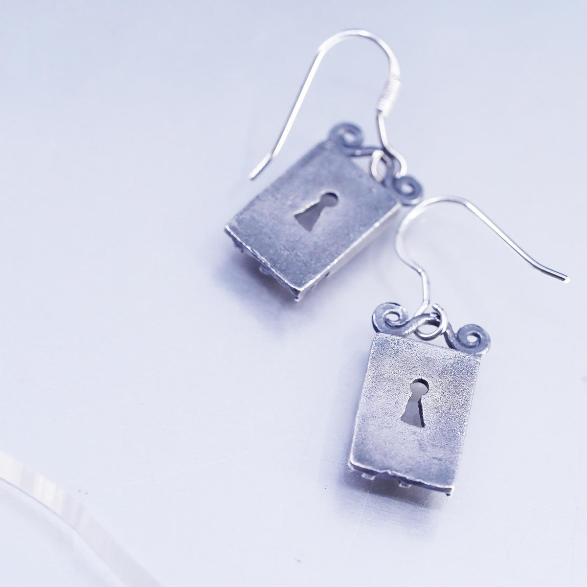 Vintage Mexican Sterling 925 silver handmade tag earrings with key cutout