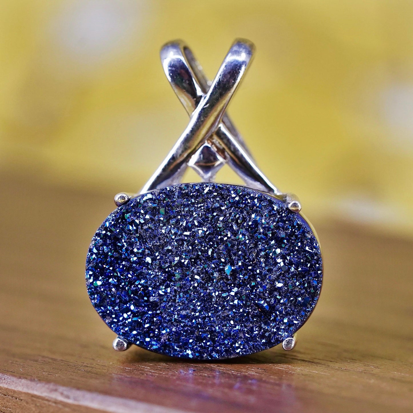 Vintage Sterling silver handmade pendant, 925 oval with blue druzy stone