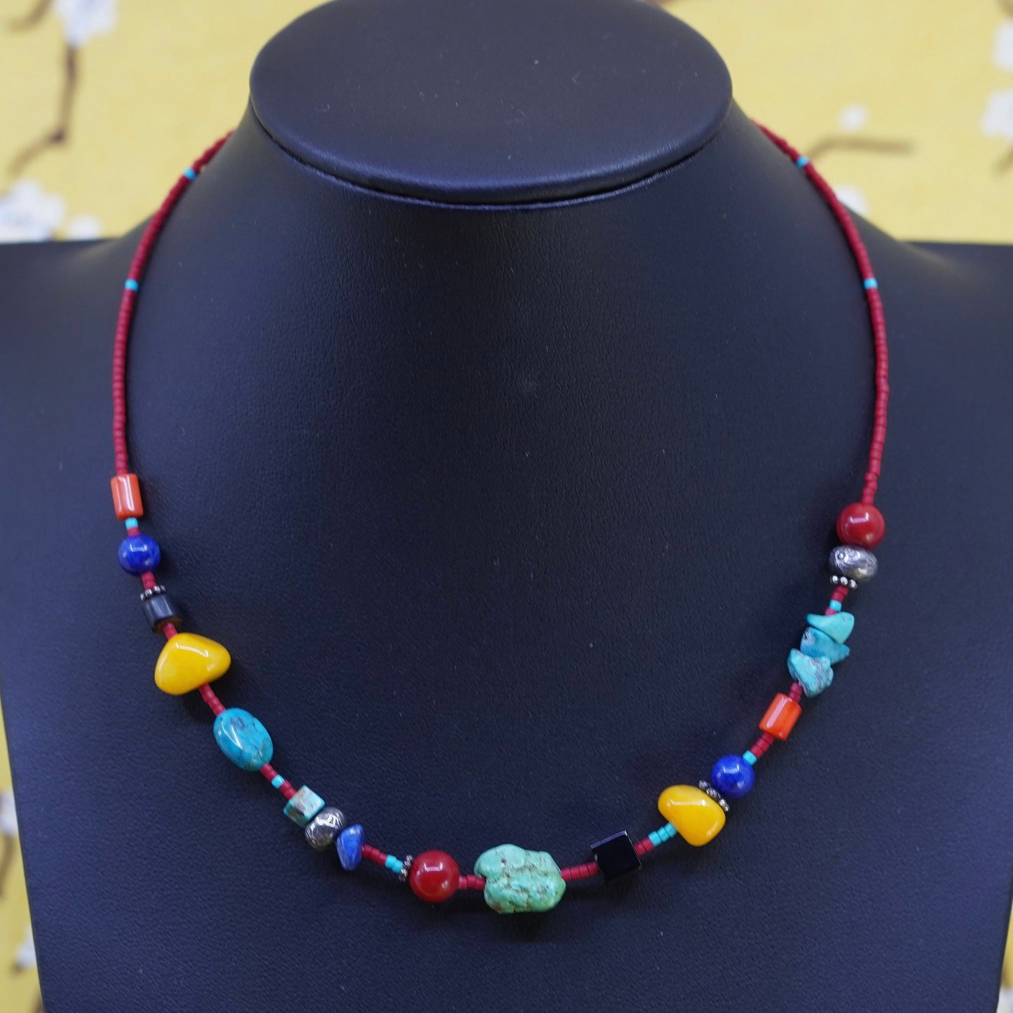 16”. Native American heishi handmade turquoise citrine lapis beads necklace