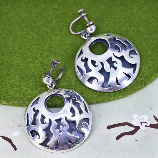 VTG Mexican hecho en Sterling silver earrings, Mexico 925 cutted circle dangles