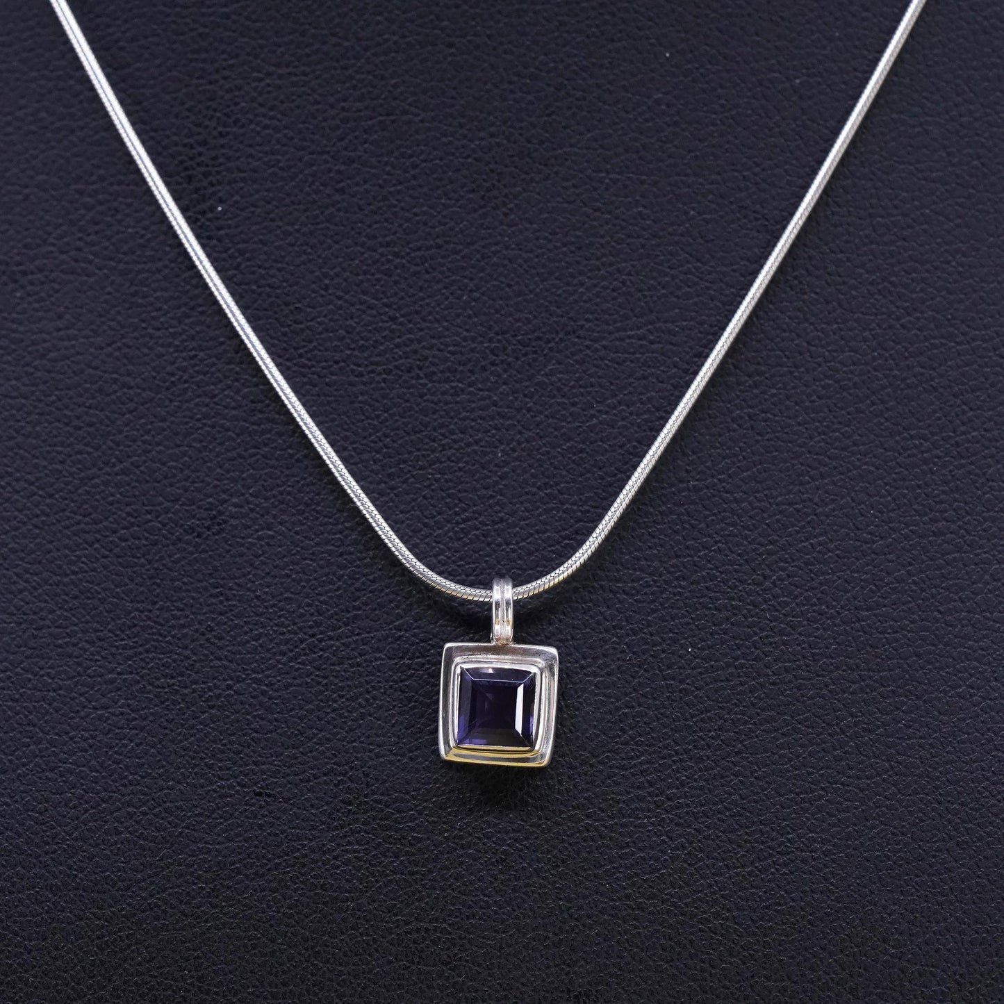 16", vintage sterling silver necklace, 925 snake chain square amethyst pendant