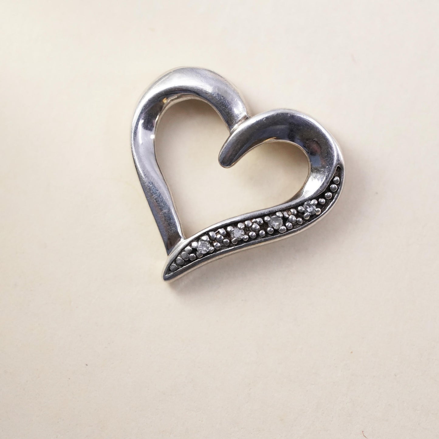 Vintage Sterling silver handmade pendant, 925 heart with diamonds