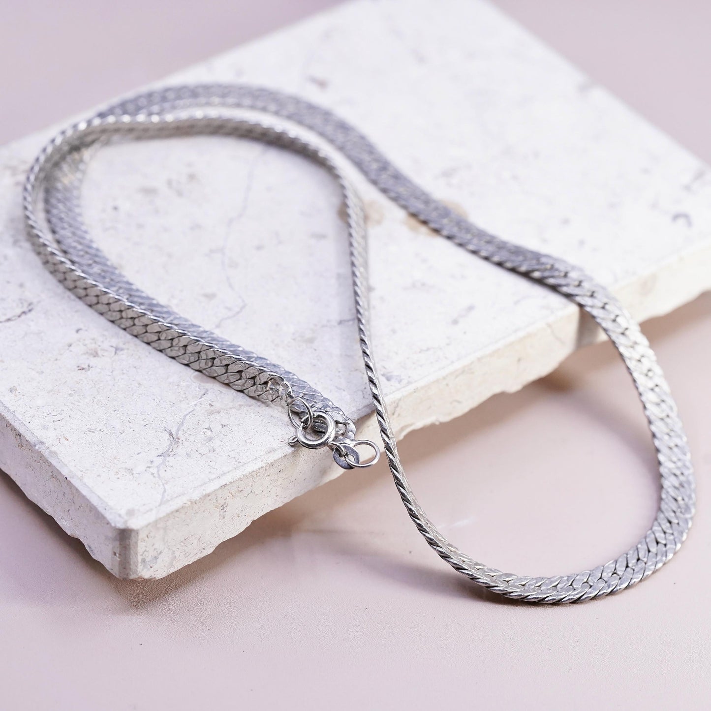 24", vintage Sterling silver handmade necklace, flatten textured 925 curb chain