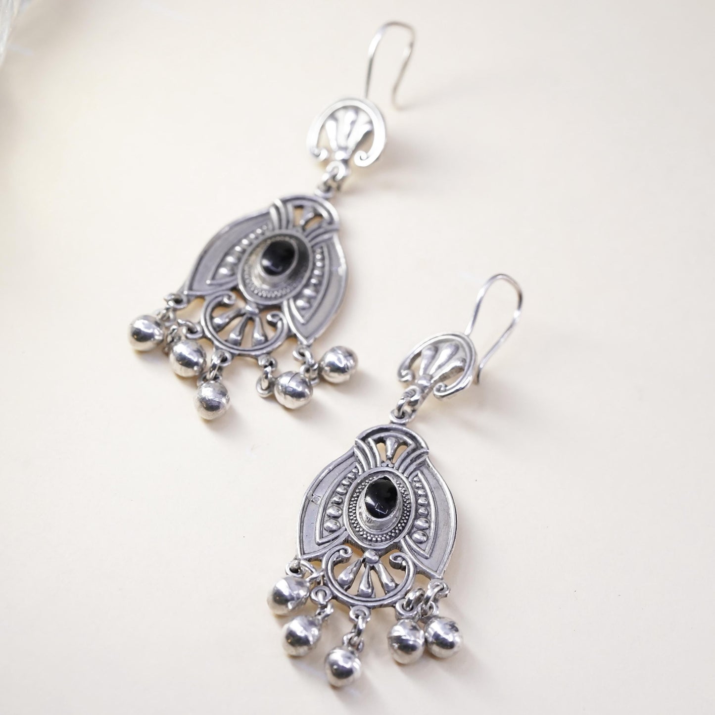 Vintage sterling 925 silver handmade earrings with onyx and bead dangles