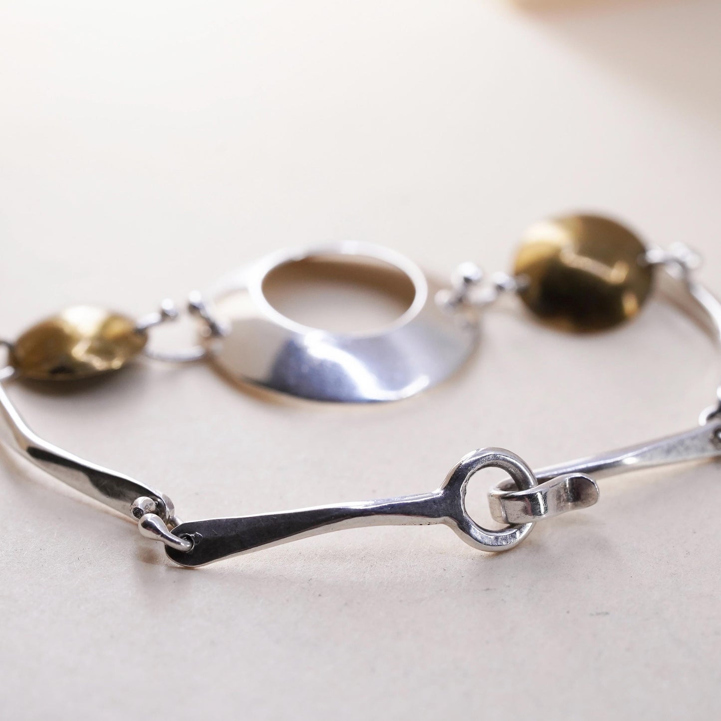 6.25”, Vintage Mexican two tone sterling silver bracelet, 925 disc chains brass
