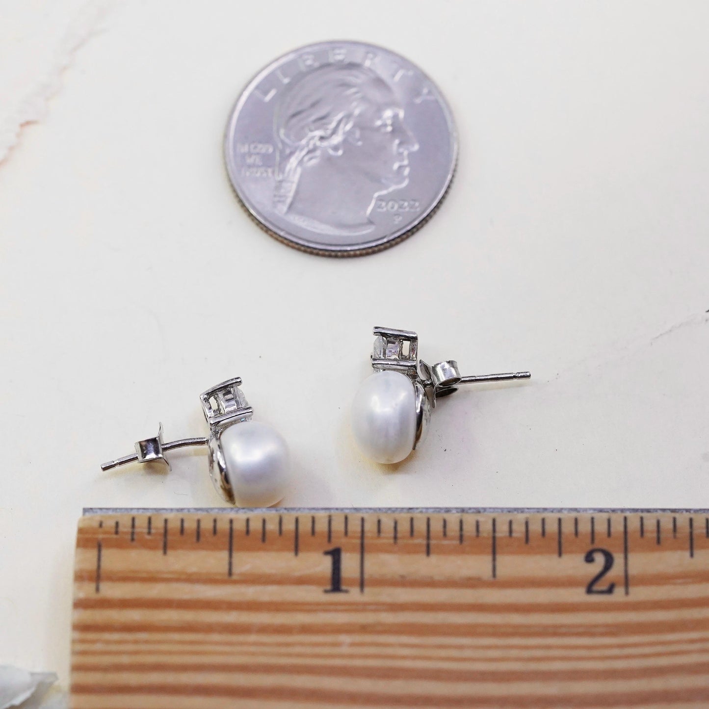 Vintage LUC sterling silver earrings, 925 studs with pearl and cz