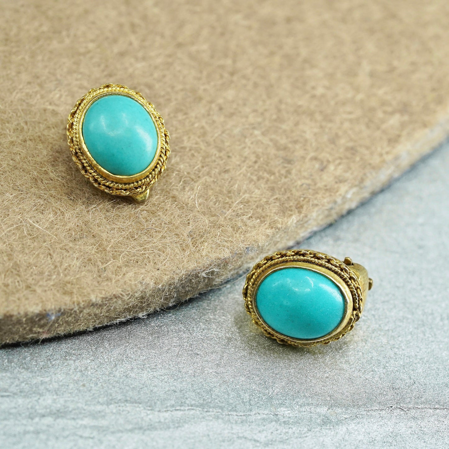gold over Sterling 925 silver handmade earrings, oval clip on with turquoise