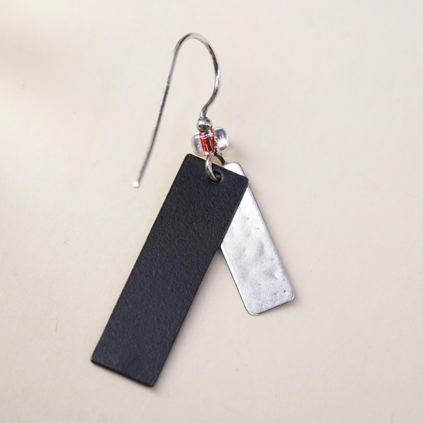 Vintage sterling silver handmade single earring, 925 textured double tags