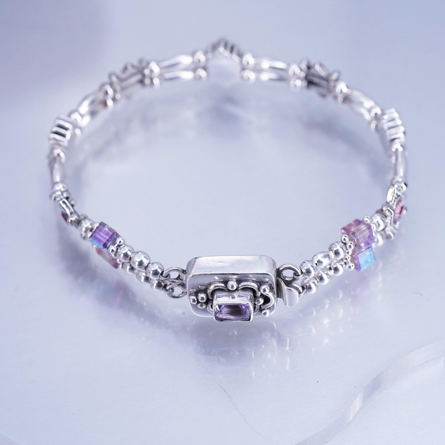 6.5”, Vintage Sterling 925 silver tennis bracelet chain with amethyst