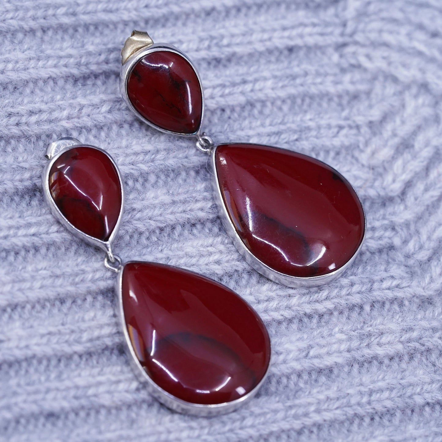 Vintage Sterling silver handmade earrings, 925 teardrop drops with red jasper