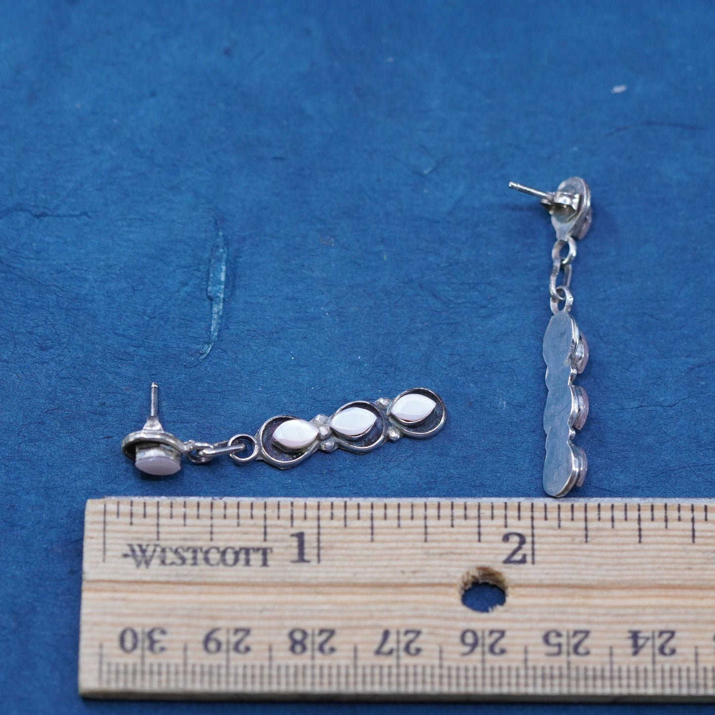 sterling silver handmade earrings, 925 long dangles with pink mother of pearl