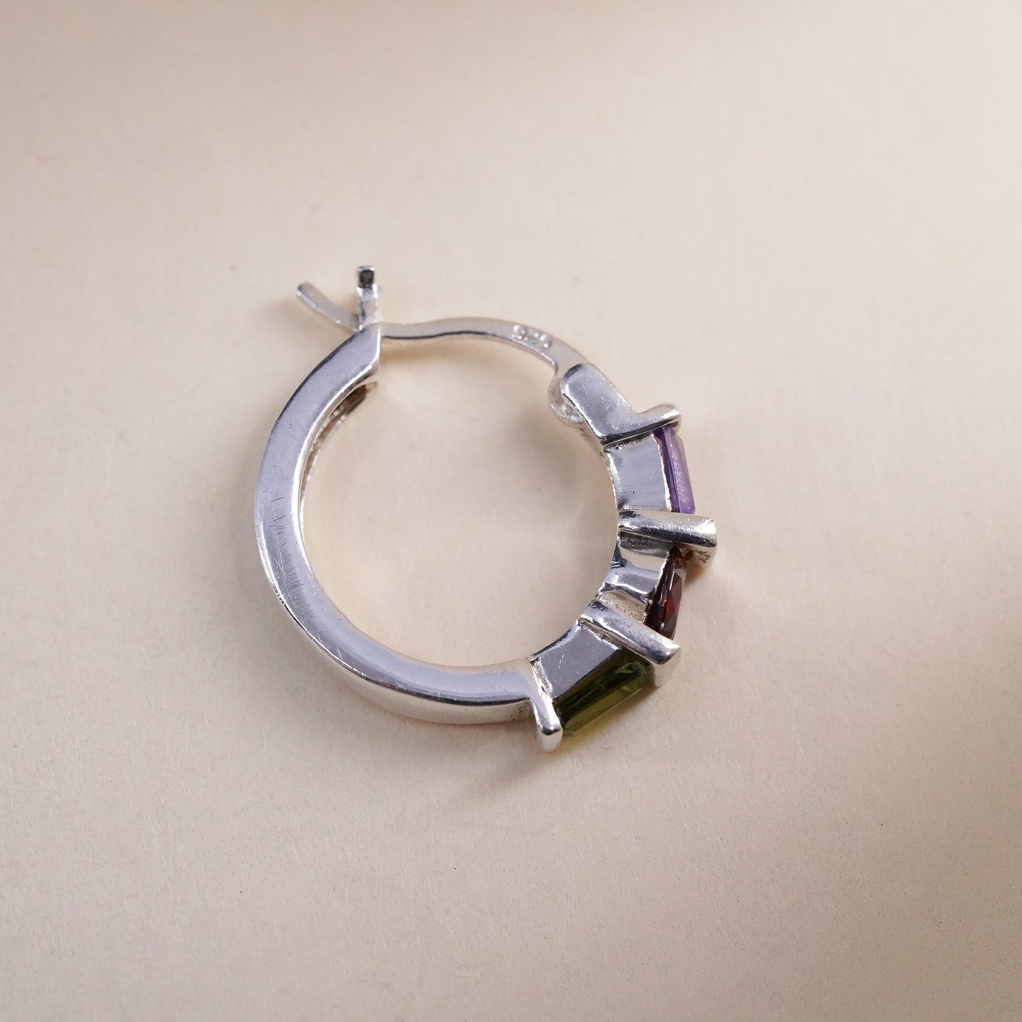 0.5”, matte sterling silver single earring, 925 huggie hoop amethyst peridot