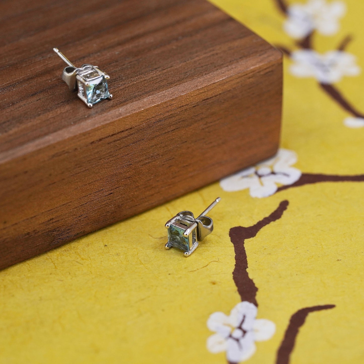 Vintage Sterling 925 silver blue topaz studs, square earrings