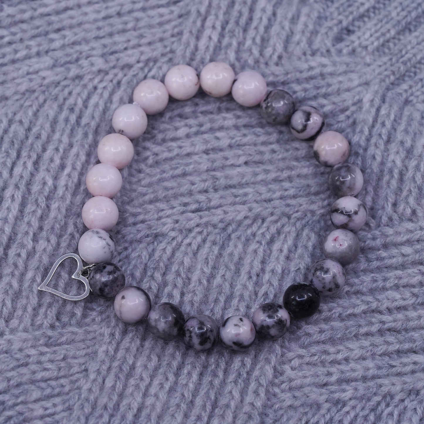 6.75”, handmade pink quartz beads Bracelet with sterling 925 silver heart charm