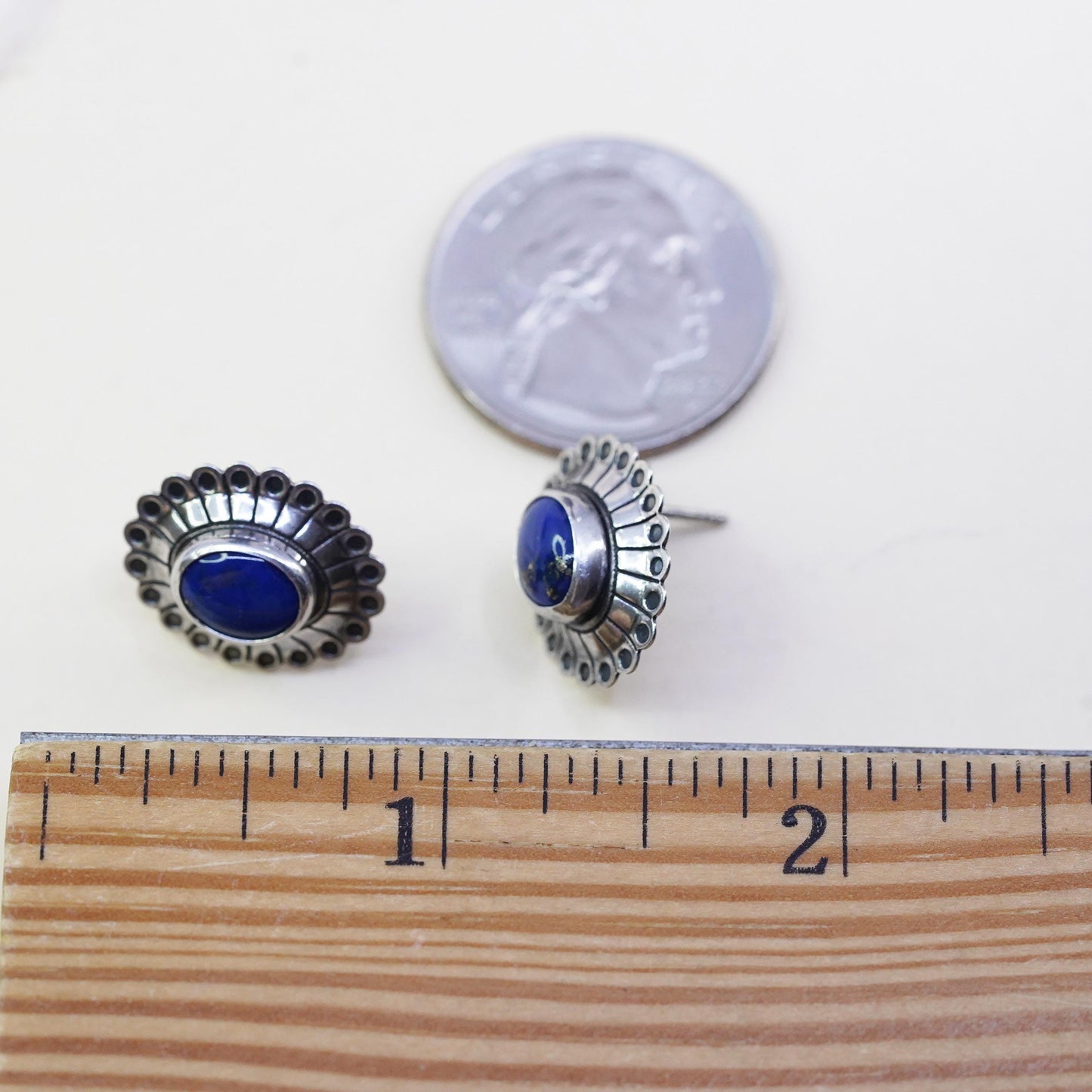 Vintage southwestern Sterling silver earrings, 925 oval studs with lapis lazuli